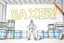 Placeholder: a drawing with sketch lead pencil, The word "BAXER" in yellow floating like a big sign, strong painting, strong expression, BAXER!, BAXER! the word Baxer, WOODEN CRATES AND BLUE BARRELS, A WORKING MAN STANDS THERE WITH VERY BIG STRONG MUSCLES