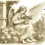 Placeholder: renaissance style angel, sitting in a garden, inspecting a handgun, pencil sketch, beautiful