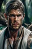 Placeholder: Portait young chris hemsworth as fantasy alpha werewolf in human form very muscular short cropped dark hair and stubble on chin, tribal tattoos wearing white button up shirt with rolled up sleeves realistic face, close-up, dark fantasy, fantasy forest, intricate details, hyper detailed, photograph