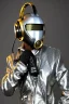 Placeholder: Metallic Cyber-punk style man with a web-camera-mask and old AKG-style headphones with golden rings. Fencing mask covers man's cheeks. Good body shape. Reflective plastic. Body and head full of integrated old-fashioned cameras. Ancient silver telephone attached to perfect body. Euclidean 3D-tiling, Escher tiling, background. Cables from shoulder, connect. Daft Punk, Matrix movie black leather jacket, tippet. Yellow latex areas in black leather surfaces body. 1990's. Trypophobia, small holes