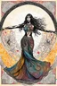 Placeholder: a belly dancer woman with long hair dancing on the circle square , beautiful colors, sunshine and black ink, pen drawing