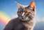 Placeholder: uniform gray colour skinny cat with very short gray fur, orange eyes, big rainbow in blue sky