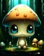 Placeholder: A melancholic creepy kawaii mushroom with a tiny, frowning mouth and big droopy eyes, sitting on a mossy log in a quiet and peaceful forest, lost in its own thoughtsto add personality, outline