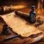 Placeholder: A old parchment scroll laying on wooden desk with a quill and a bottle of ink. Magical. Epic. Dramatic, highly detailed, digital painting, masterpiece