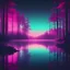 Placeholder: a silent lake in a wood , synthwave picture style with light pixel