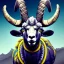 Placeholder: A bighorn sheep ram warrior full blue and yellow body armor with fierce and wild look, highly detailed, digital art, sharp focus, trending on art station, standing on all fours with one hoof on an american football, field of grass, background mountain peaks sunset sky of blue and yellow, design by charlie bowater, ross tran, artgerm, and makoto shinkai, detailed, colors #003594 #FFA300 #FF8200 #FFD100 throughout