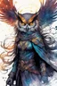 Placeholder: ink wash and watercolor concept illustration of a fanciful hybrid Owl sorceress girl character with wildly flowing hair, ornately dressed with highly detailed feathers and facial features in the comic book style of Bill Sienkiewicz and Jean Giraud Moebius, with a fine art aesthetic, highly detailed , boldly inked, 4k UHD cinegraphic quality