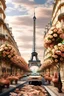 Placeholder: generate Paris skyline florist door women irrigate flowers street with a man and son car rose gold color eiffel tower