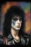 Placeholder: text "KISS" - facial portrait with makeup - 20-year-old Paul Stanley with long, wavy curly black 1980's style big hair, wearing a black leather jacket, extremely colorful, multicolored watercolor stained wall in the background - in the art style of Boris Vallejo, Frank Frazetta, Julie bell, Caravaggio, Rembrandt, Michelangelo, Picasso, Gilbert Stuart, Gerald Brom, Thomas Kinkade, Neal Adams - explosions, flames, fog, clouds, dust,