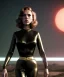 Placeholder: retro sci-fi portrait image from 1960, supermarket parking explosion, young Scarlett Johansson, classic black tight lycra latex suit, gold bracelet and belt, long hair, soft color, highly detailed, unreal engine 5, ray tracing, RTX, lumen lighting, ultra detail, volumetric lighting, 3d, finely drawn, high definition, high resolution.