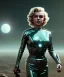 Placeholder: Ultra Realistic retro sci-fi 1960 scene, waist up view portrait, blonde woman, sweet young Marilyn Monroe face, perfect iris, tight latex coat, alien planet background, tight style, steel sphere dron levitating, fog, rain, soft color, highly detailed, unreal engine 5, ray tracing, RTX, lumen lighting, ultra detail, volumetric lighting, 3d, finely drawn, high definition, high resolution.