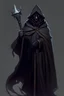Placeholder: a human dark sorcerer from dnd world, Wearing a cloak with a hood, Holding an ebony wooden staff