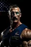 Placeholder: extremely muscular, short, curly, buzz-cut, military-style haircut, pitch black hair, with mustache and pointed goatee, Paul Stanley/Elvis Presley/Pierce Brosnan/Jon Bernthal/Sean Bean/Dolph Lundgren/Keanu Reeves/Patrick Swayze/ hybrid, as the extremely muscular Superhero "SUPERSONIC" in an original patriotic red, white and blue, "Supersonic" Super suit with with an America Flag Cape,