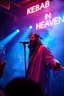 Placeholder: An "Kebab man" performing at dance club, his name is "Kebab man" and looks crazy, Jesus on stage, White and light blue Neon lights and smog, "KEBAB IN HEAVEN" SIGN ON WALL