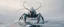Placeholder: airbrush 3d rendering, frontal close up perspective chrome centipede lobster huge space ship on small frozen island in lake, pinhole cam, background motion blur