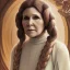 Placeholder: hyperspace background, complete and photo realistic detailed head to waist stunning photo realistic portrait of carrie fisher as Princess Leia in star wars with photo realistic updo hair by Mandy Jurgens and mucha and Richard Schmid and chuck close and chie yoshii, extraordinary and detailed ceremony dress of star wars,brown eyes