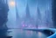 Placeholder: Science fiction city near frozen lake, impressionism painting