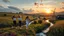 Placeholder: a group of young ladies in sports pants and blouse are dancing to camera in village over high grassy hills,a small fall and river and wild flowers at river sides, trees houses ,next to Ripe wheat ready for harvest farm,windmill ,cloudy sun set sky