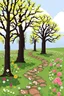 Placeholder: pixelated trees on the primrose path with pixelated posies, pansies and roses; symbolism; color palette of #dea119; #d3ed00; #85c124; #d2c42c; #dea119; #641924; #f9482e; #fae3df