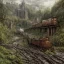 Placeholder: abandoned train of hogwarts on tracks overgrown by nature with large puddles of water flooding part of tracks, 8k resolution, high-quality, fine-detail, intricate, digital art, detailed matte, volumetric lighting, illustration, 3D octane render, brian froud, howard lyon, selina french, anna dittmann, annie stokes, lisa parker, greg rutowski