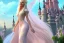 Placeholder: castle in background, beautiful, soft, big smiling, straight and long blonde hair, blues eyes, dewy and shiny atmosphere, diamond crown, long fairy wings in the back, full head, pink veil clothes