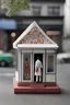 Placeholder: Minimalistic solid colored porcelain clay miniature figurine of vacant and empty street commercial walk-in kiosk, covered with mosaic. Contemporary urban art gallery context. Silver ratio proportions composition, 7 centimeters height, semi-height wide shop windows and door, small square window for cash in facade, on legs, circa 2000, flat roof, one-story, one-room. Inspired by Bruno Munari, Benetton, gestalt theory, geometry of Castel del Monte, brutalism, synchronism
