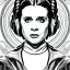 Placeholder: hyper detailed, black and white, thin line, coloring book illustration, lineart, stunningly beautiful princess leia, jim lee