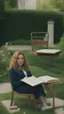 Placeholder: Empty chair of an academic in a garden [snapshot of Russian Doll TV series by Natasha Lyonne, Leslye Headland, and Amy Poehler, (2019)] In front of the chair, there a book of mathematics on the chair in the middle of a French garden