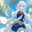 Placeholder: Clear focus, High resolution, rough line sketch art, short fluffy white hair, hair between eyes, fluffy hair, blue eyes, wearing a sleeveless shirt, wearing shorts, detailed outfit, lots of details, bow on belt, white belt, white and blue everywhere on outfit, cut sleeve, yellow chains around outfit