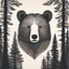 Placeholder: M shaped bear head surrounded with lots of woods silhouette in background, letterpress style, minimalistic pencil art