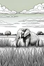 Placeholder: Black and white outlined elephant seated on marshy grassland