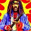 Placeholder: hippie JIMI HENDRIX Santa playing electric guitar, psychedelic, peace sign, MUSHROOMS, TRIPPY, ACID, LSD, dreadlocks