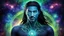 Placeholder: beautiful gorgeous young man na'vi with long hair, Avatar, blue skin, two small ears, green eyes, black hair, in cosmic suit, galactic ambiance, medium pointy goatee , smiling, nebulas and sacred geometry light figures on the backgroud,