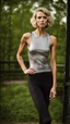 Placeholder: photography of a beautiful anorexic woman, silver satin top, sports illustrated, blond short wavy bob haircut, pronounced sternum, short leggins