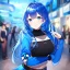 Placeholder: Clear focus,High resolution, Vibrant short blue hair, Vibrant blue eyes, Wearing a black short skirt,black crop top sleevelss,blue cut sleeves,black fingerless gloves, Smiling,Long bangs