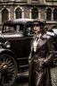 Placeholder: young woman with straight shoulder-length hair, dressed in brown leather trousers and waistcoat, leather gloves and a fascinator in an old industrial courtyard, next to a steampunk steam car