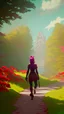 Placeholder: bright colorful with young girl walking in woods, lots of red flowers, with a yellow dog