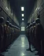 Placeholder: Bosch painting style, nightmare , a prisoners lined up in line one after another inside a prison yard , an Ai robot is watching them , great quality picture with cinematic scenes ,