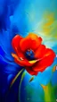 Placeholder: abstract painting of a poppy in bold red, orange, and blue tones, dynamic brush strokes, ocean background hinted through color layers, expressive and elegant modern art, oil paint texture, --ar 4:5 --v 6 --style raw --quality 2