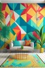 Placeholder: Create a handpainted geometric wall mural with playful geometric patterns in tropical punch colors. Infuse the space with the lively and bright vibes of a tropical paradise."