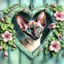 Placeholder: A chocolate point Oriental shorthair siamese kitten peeks out from a heart-shaped opening in a weathered turquoise door,surrounded by delicate pink flowers & green vines.The kitten's large,expressive eyes & soft fur create a charming & whimsical scene.realistic watercolor illustration vampiress, gothic attire, moonlit, alluring grin