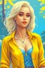 Placeholder: pretty girl, blonde, conventionally attractive, bright clothes, realism, dreamy, tight top, strong, adventure