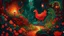 Placeholder: Night illustration: Magical slavic garden with lush greenery and a beautiful stone winding path. There is only one creature the Firebird. The feathers of the Firebird are vibrant red, orange, and gold, each one glowing with an otherworldly brilliance.