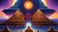 Placeholder: centered, an extraordinary view of an otherworldly alien dark blue pyramid palace with a large sun symbol at its peak, surrounded by ocean, A queen of a strange extraterrestrial race standing in the foreground, deep blue purple, detailed matte painting hyperdetailed intricately detailed dynamic lighting concept art detailed painting digital art 64 megapixels elemental ethereal fantastical magnificent meticulous mysterious photorealistic radiant