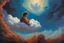 Placeholder: A child having a nightmare floating on a cloud painted by Michael Whelan. concept art, mid shot, intricately detailed, color depth, dramatic, 2/3 face angle, side light, colorful background