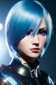 Placeholder: Cyborg anime warrior, light blue hair, blue eyes, waist up portrait, 8k resolution, intricate details, ornate details, soft lighting, vibrant colors, retroanime, masterpiece, intricate eyeliner, dark eyeshadow, eyes, intricate tattoos, jungle background,