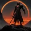 Placeholder: Sauron, the mighty lord of darkness, standing on a rock in the dark land of Mordor, a super-hero man of infinite power and technology of the galactic race, with a great army, a large moon disk behind him, and a fiery sword in his hand