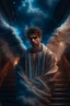 Placeholder: fluffy clouds, close facial portrait of the streetwise magician posing in elaborate cape, angels and demons, fireflies , staircase with closed gates of heaven, 4 k, down light, depth of field, trending art, high detail