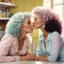 Placeholder: [pastel colours, curly hair, over exposition and light from a 1970 B series movie] A 1980s advertisement realistic women kissing in the kitchen of a suburban House and they are just in cotton agent provocateur and one lady is older with white hair and the other is younger, the younger one sits on the kitchen table, welcoming the older one in her arms. hugging, sponge, cotton, nightgown