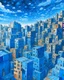 Placeholder: A blue city with cube buildings designed in cave paintings painted by Katsushika Hokusai